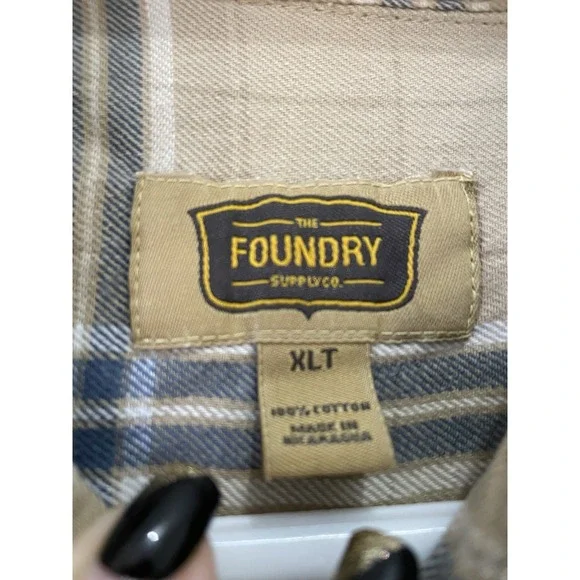 The Foundry‎ Flannel Long Sleeve Shirt Men's XLT Tall Tan/Gray Plaid Button Up - Picture 2 of 5